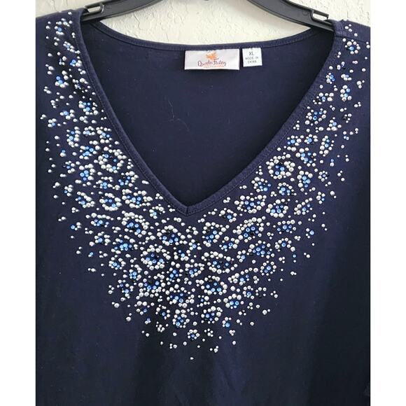 TOP/BLOUSE-QUACKER FACTORY-Navy Blue-V-Neck-Rhinestones-Studs-3/4 Sleeve-XL - Picture 4 of 14